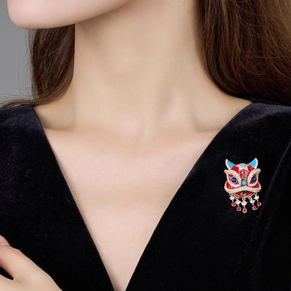 Chinese Style Lion Dance Brooch for Women, Elegant Suit and Sweater Accessory