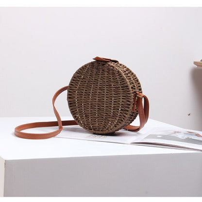 Women Summer Rattan Bag Round Straw Handmade Beach Bag Bohemia Handbag 1PC Green