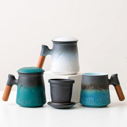 Ceramic Tea Mug with Strainer Mountain and Waves Tea Cup 450ml