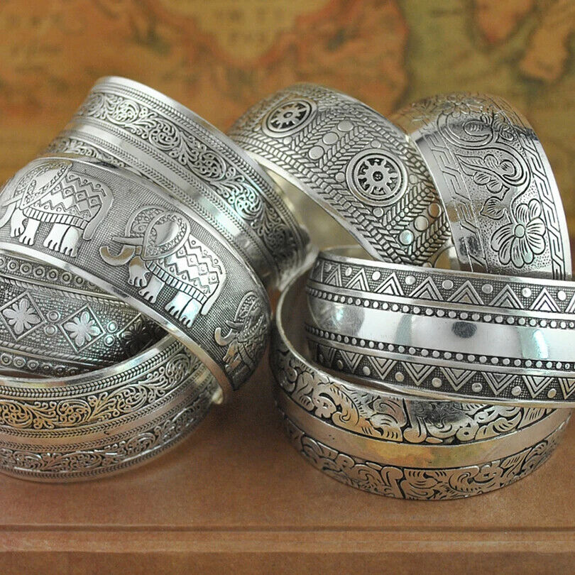Women Fashion Bracelets Silver Plated Carved Flower Vintage Cuff Tibetan Bangles