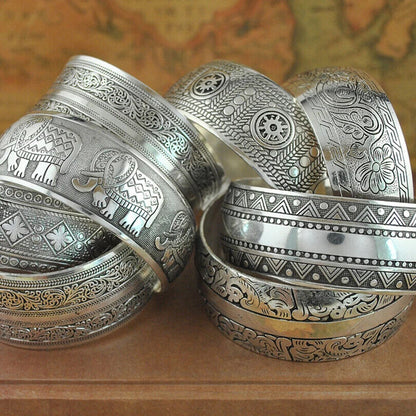 Women Fashion Bracelets Silver Plated Carved Flower Vintage Cuff Tibetan Bangles