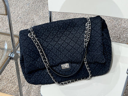 Large Quilted Denim Shoulder Bag Flap Purse Double Chains Hobo Fashion Tote