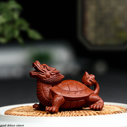 Chinese Mascot Dragon Turtle Statue Handmade Tea Pet Yixing Zisha Tea Play Small