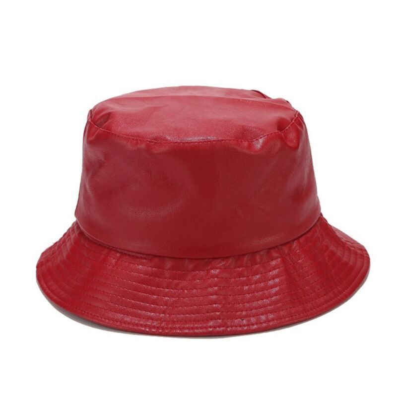 Men Outdoor Waterproof Hiking PU Bucket Hat Fisherman Cap Leather Sun Caps