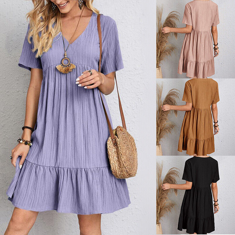Womens Short Sleeve V Neck Mini Dress Ladies Pleated Ruffle Baggy A-Line Dr
