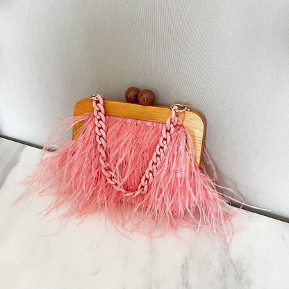 Ostrich Feather Handbag Retro Wooden Evening Purse Acrylic Chain Shoulder Bags