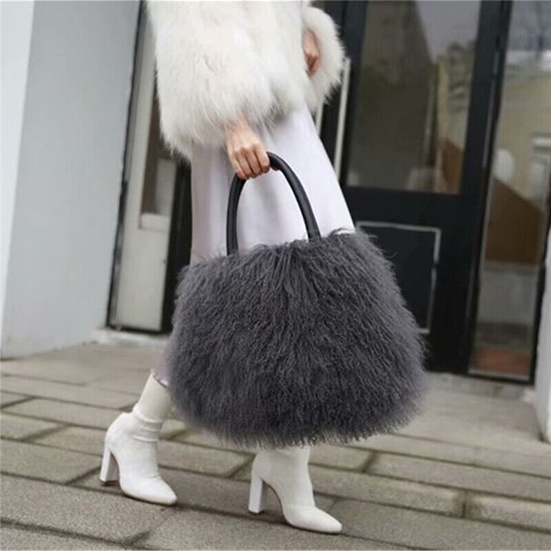 Women Real Mongolian Sheep Fur Handbags Ladies Casual Fluffy Fur Tote Bags