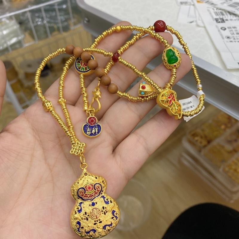 Vintage Cloisonné Gold Gourd Pendant - Chinese Lucky Enamel Sweater Chain