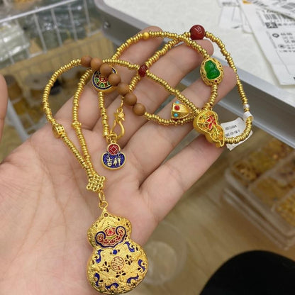 Vintage Cloisonné Gold Gourd Pendant - Chinese Lucky Enamel Sweater Chain