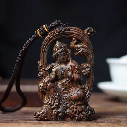 Agarwood Carved Guanyin Pendant Necklace Handheld Buddhist Amulet