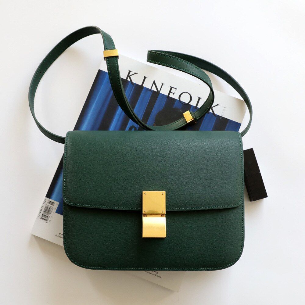 Classic Genuine Cow Leather Flap Crossbody Bag Box Shoulder Purse Flap Green Red