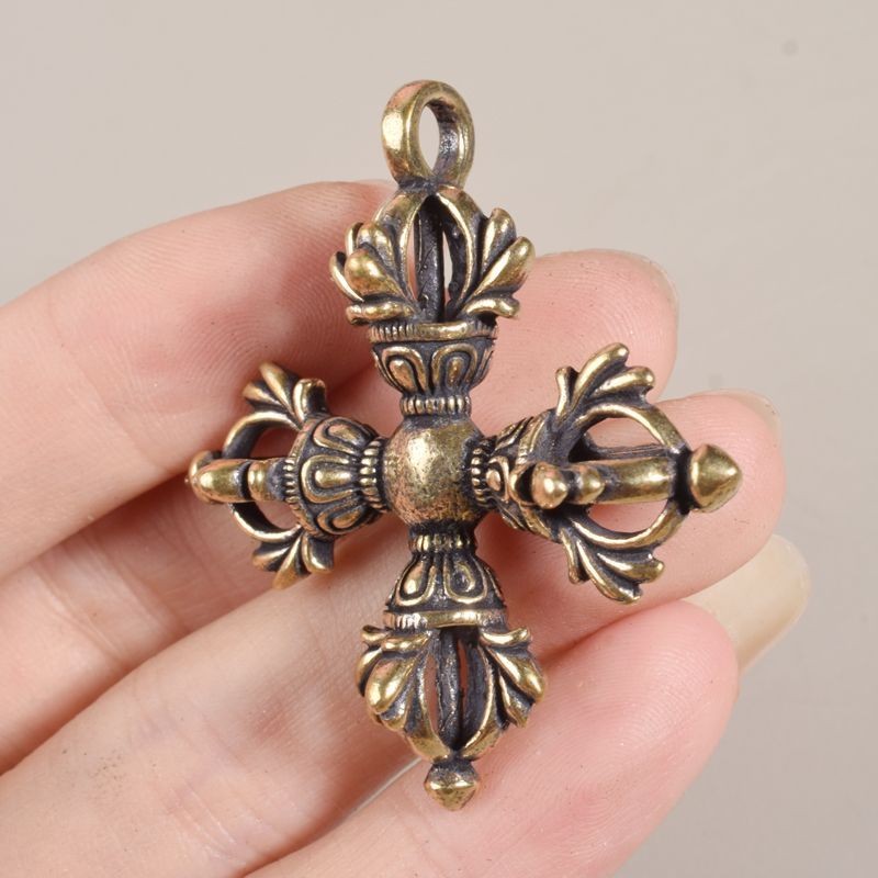 Tibetan Brass Cross Vajra Dorje Amulet Keychain Pendant Buddhist Ritual Tool