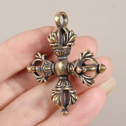 Tibetan Brass Cross Vajra Dorje Amulet Keychain Pendant Buddhist Ritual Tool