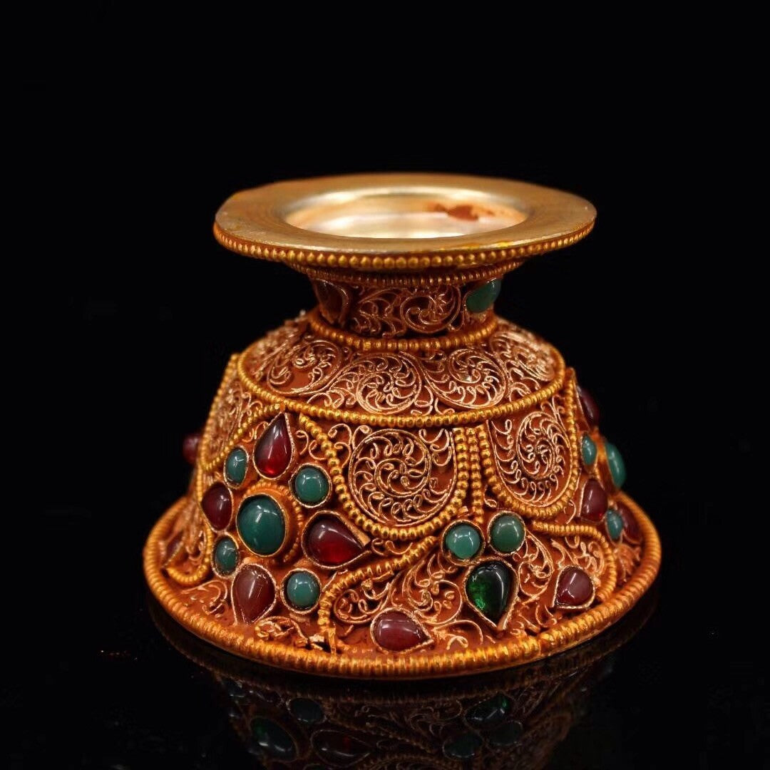 3.3 inch Chinese Tibetan Buddhist Temple Collection Casting Gemstone Collection Silver Cup -