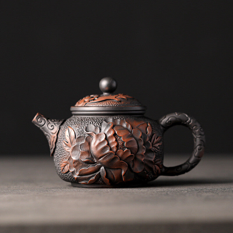 Handmade Carve Peony Flower Blossom Embossed Purple Pottery Tea Pot Marked 6.8oz