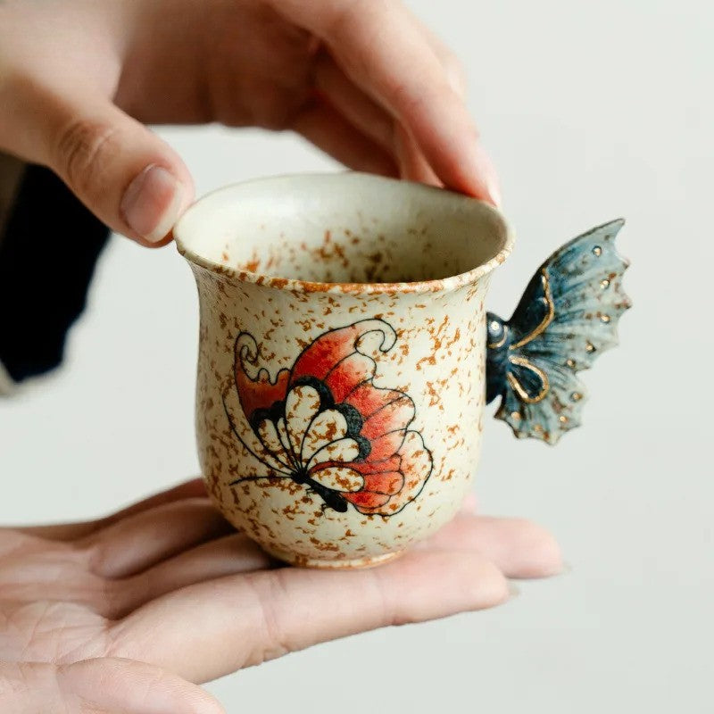 80ML Ceramic Handpainted Butterfly Flint Red Teacup Tea-tasting Cup Master Cup