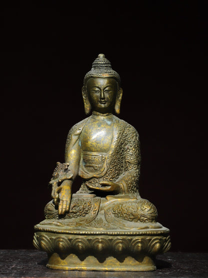 8" Old Antique Tibet Tibetan Buddhism Temple Bronze Gilt Medicine Buddha Statue
