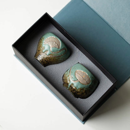 Lotus Pod Couple Cup Set Rough Pottery Stone Green Glaze Master Tea Cup Gift Box