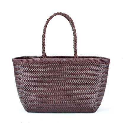 Genuine Leather Woven Shoulder Bag Casual Shopping Bag Vintage Tote Purse Brown