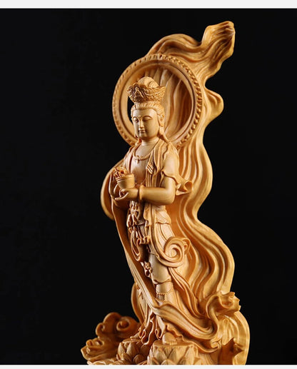 Goddess of Mercy Guan Yin Buddha Statue Nanhai Kuanyin Hand Carved Boxwood Decor