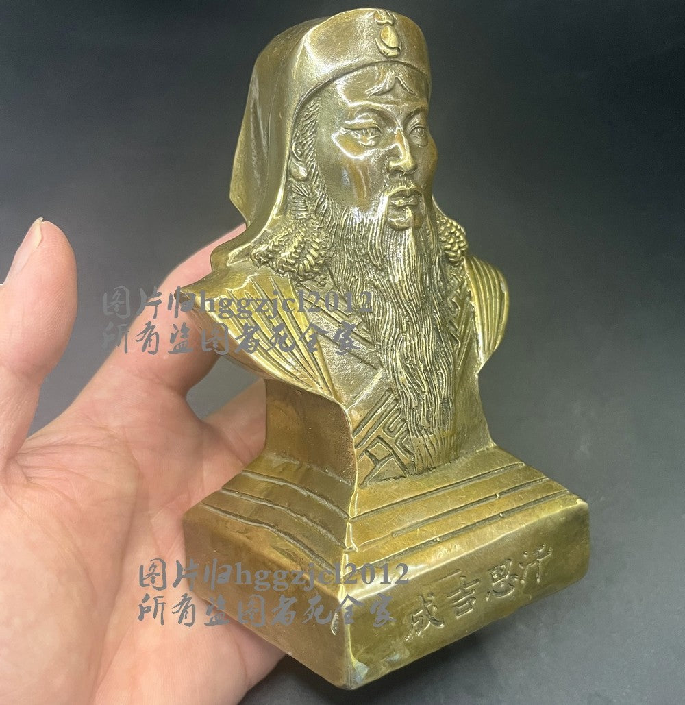 5.1" Brass Genghis Khan Bust Statue Mongol Empire King Table Home Decor Collect