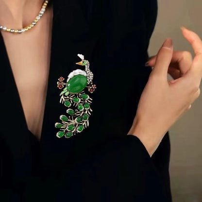Chinese Style Peacock Brooch Green Enamel Phoenix Pin Luxury Coat Accessory