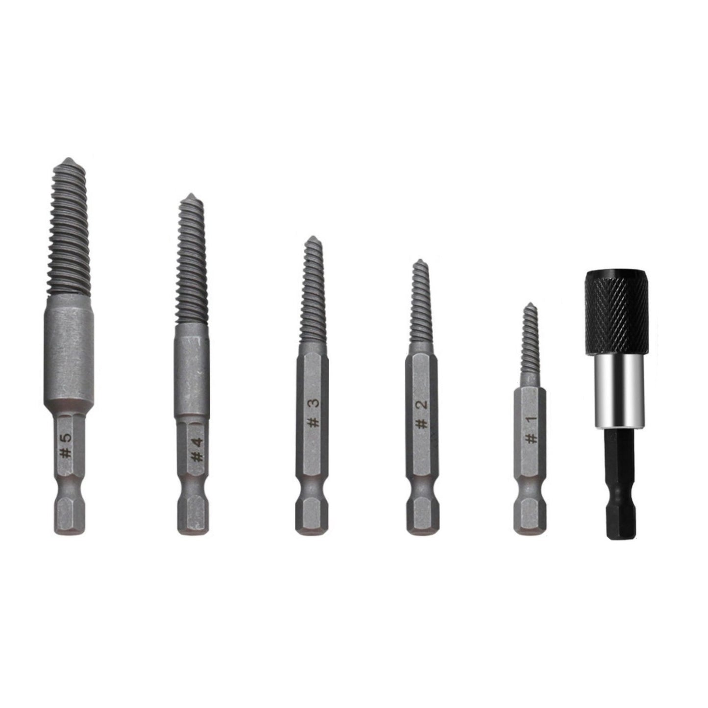Woodworking hex shank headless screw extractor kit includes 5 different-size