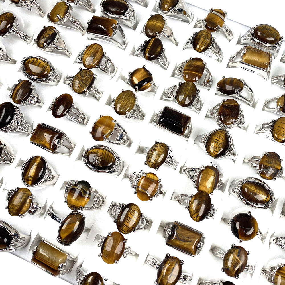 Wholesale Jewelry 20Pcs Natural Tiger Eye Stone Gemstone Silver Plated Rings