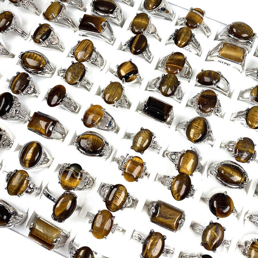 Wholesale Jewelry 20Pcs Natural Tiger Eye Stone Gemstone Silver Plated Rings