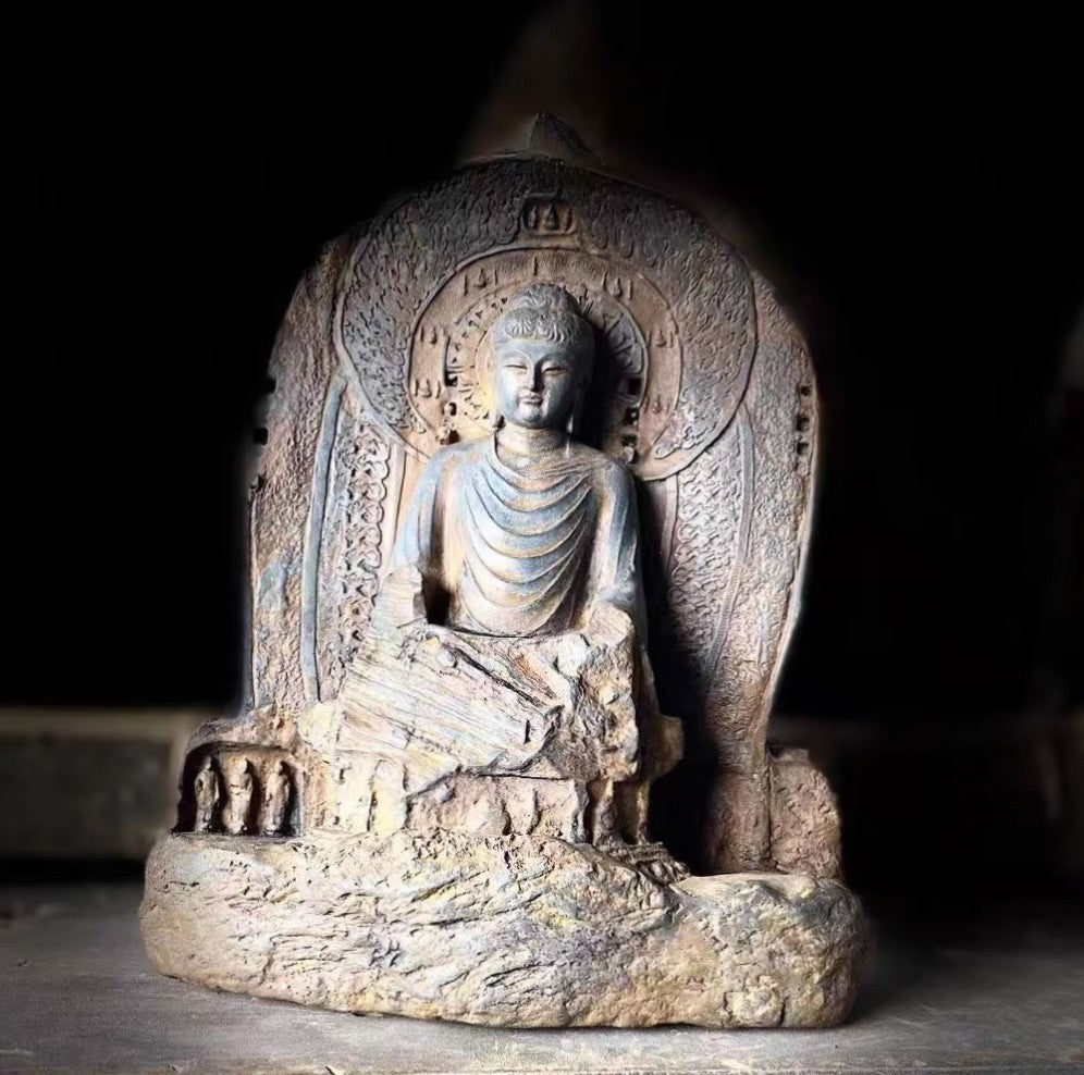 7.1" Old Stone Vairocana Buddha Statue Zen Religious Belief Shrine Home Decor