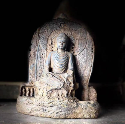 7.1" Old Stone Vairocana Buddha Statue Zen Religious Belief Shrine Home Decor