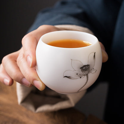 Mutton Fat Jade Porcelain Cup 150ml Handpainted Master Tea Cup Under Glaze Lotus