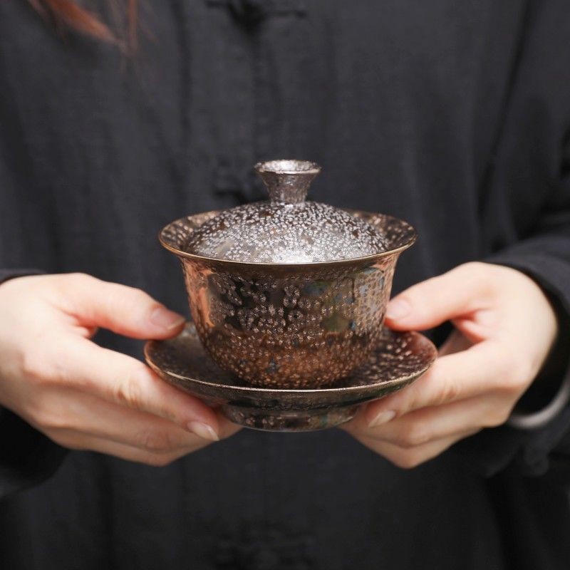 Master Zhou Kai Shui Crystal Glaze Gaiwan 200ml Luxury Three-Piece Tea Bowl