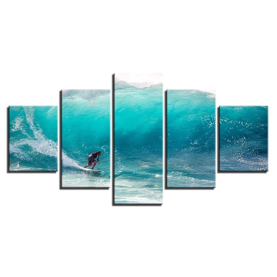 Man Surfing Blue Ocean Sea Waves Canvas Prints Painting Wall Art Home Decor 5PCS