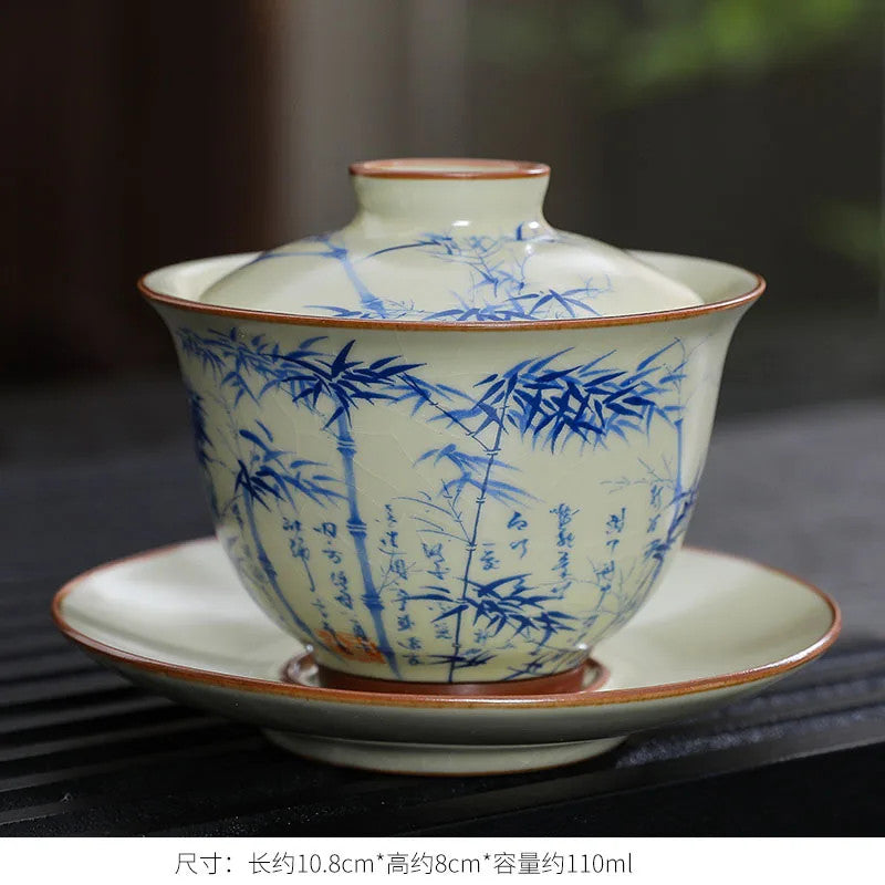 Handmade Ceramic Gaiwan Chinese Teacup Hand-painted Flower Porcelain Tea Cup