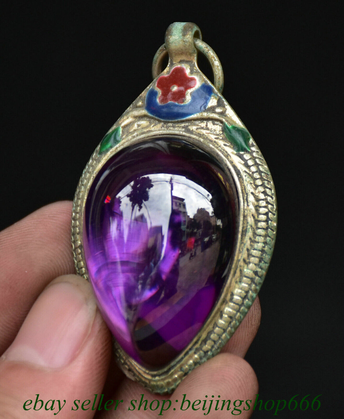 2" Old Chinese Copper Cloisonne Purple Gems Jewelry Pendant Amulet