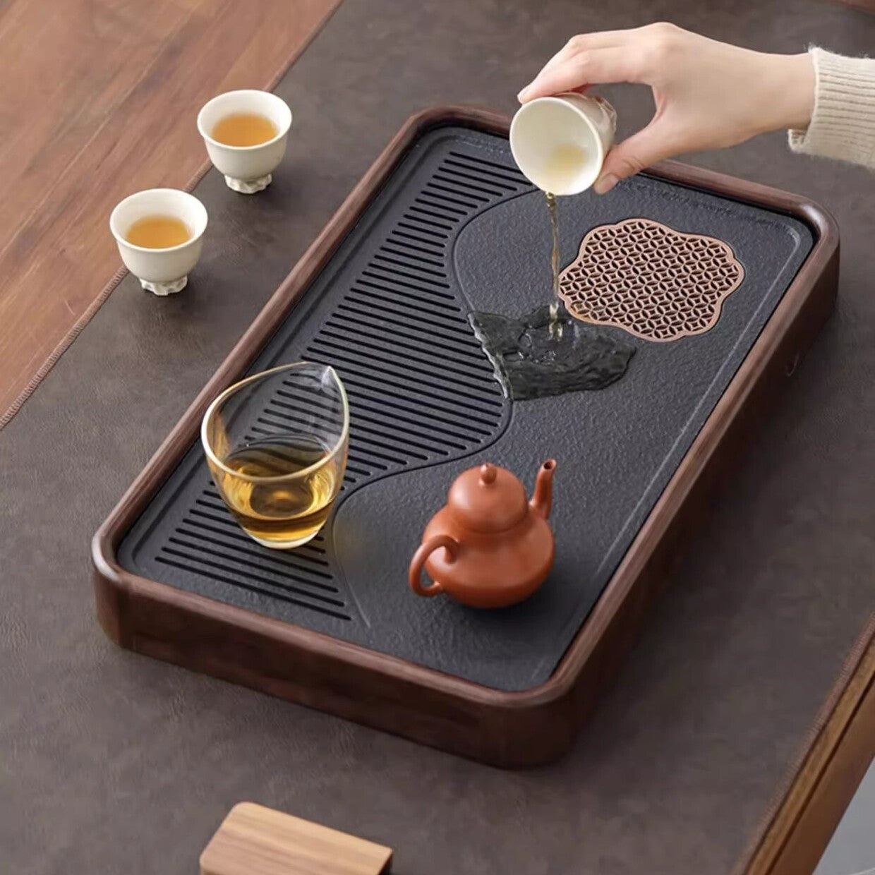 Man-made Stone Solid Wood Tea Tray Water Reservoir Water Draining Serving Tray