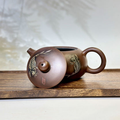 Nixing Clay Hand Carved Fish Teapot 220ml Flat Xishi Style Chinese Tea Brewer