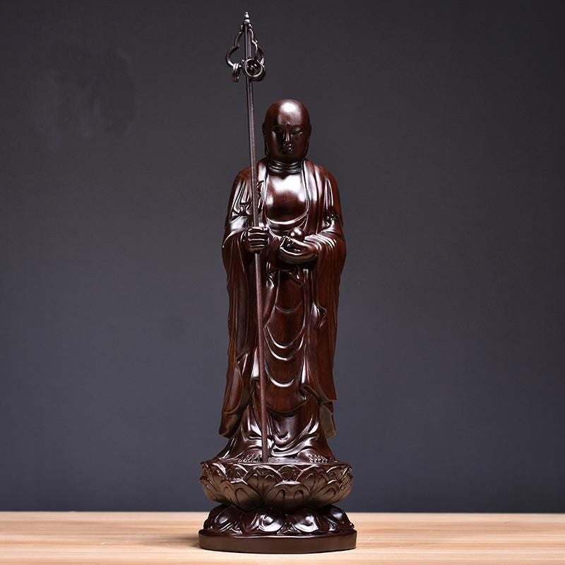 8" Ebony Wood Carved Ksitigarbha Bodhisattva Buddha Statue Buddhism Decor