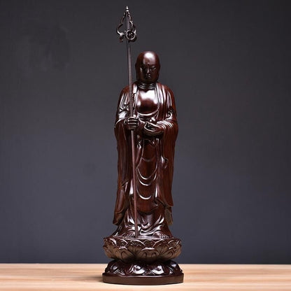 8" Ebony Wood Carved Ksitigarbha Bodhisattva Buddha Statue Buddhism Decor