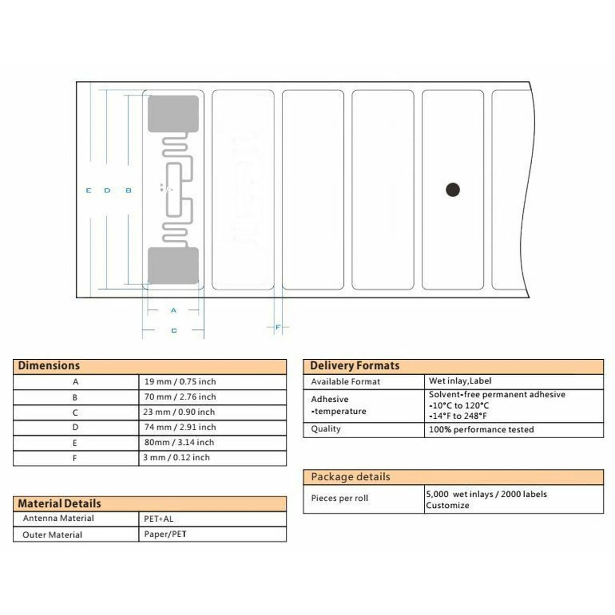Logistic Alien 9662 3''x1'' UHF 6C 915Mhz RFID Wet Inlay Tag Label - Pack of 100