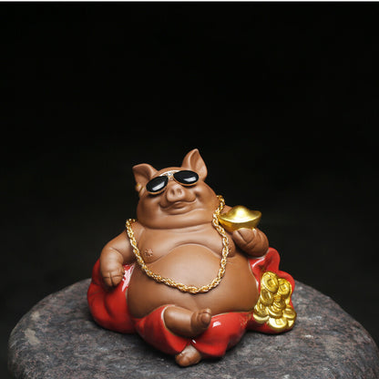 wealthy pig car decoration yixing zisha tea pet purple clay mascot pigsy statue