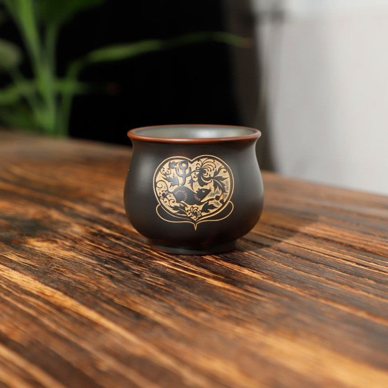 70ml Chinese Purple Pottery Handcarved Twelve Zodiac Master Cup Kungfu Teaware