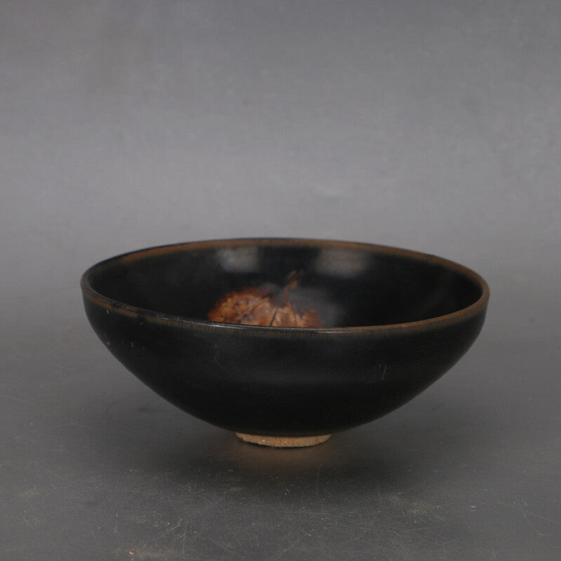 5.9" Collect Chinese Song Porcelain Jizhou Kiln Black Glaze Tree Leaf Bowl