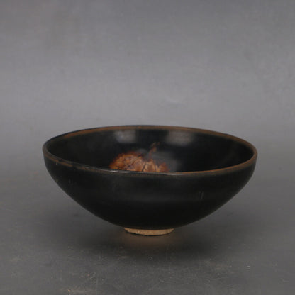 5.9" Collect Chinese Song Porcelain Jizhou Kiln Black Glaze Tree Leaf Bowl