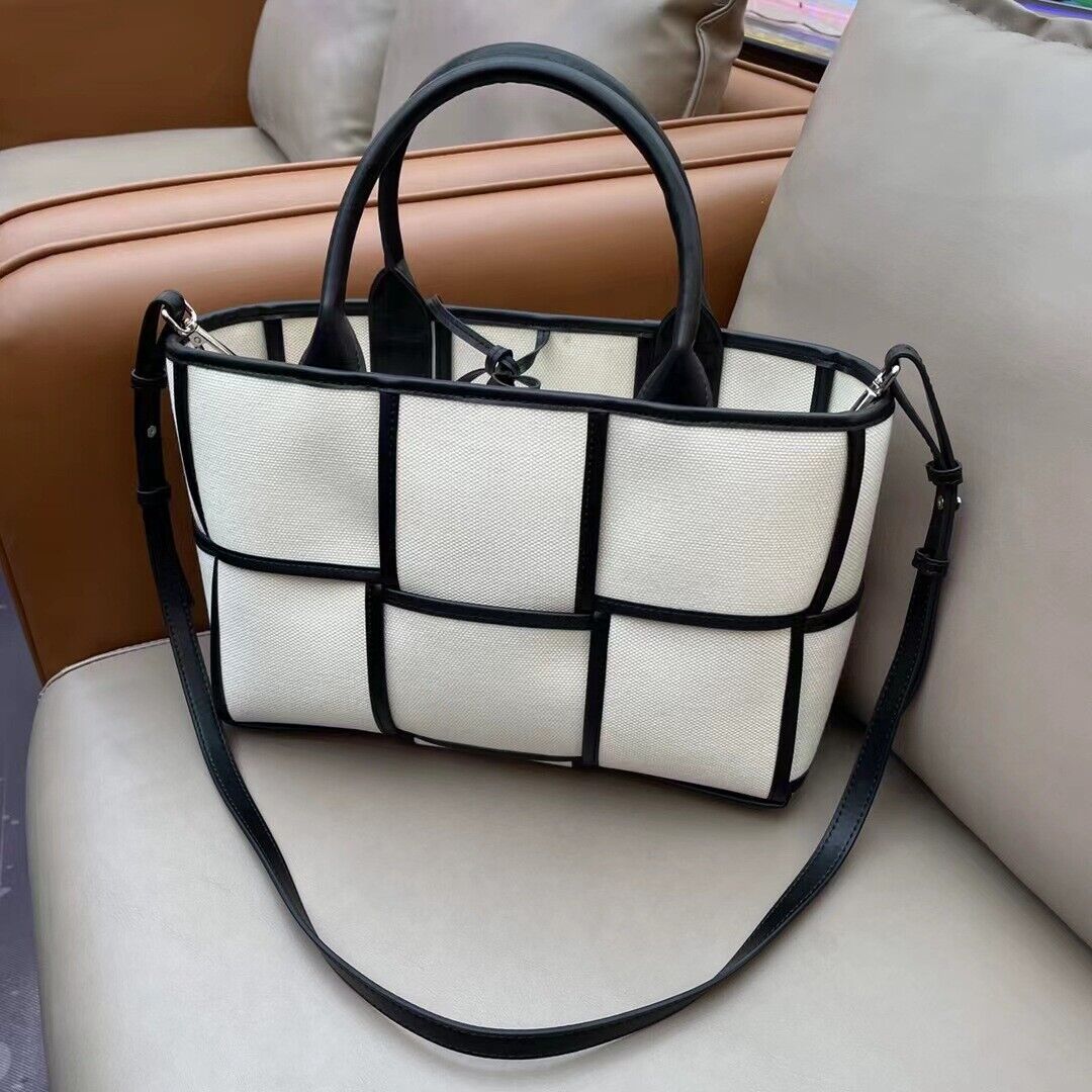 Woven Canvas & Leather Tote bag Purse Handbag Fashion w/ Zip Bag Crossbody Strap