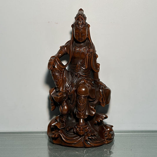 Vintage Chinese Boxwood Carving Free Kwan Yin Statue Wood Sculpture Buddha Decor