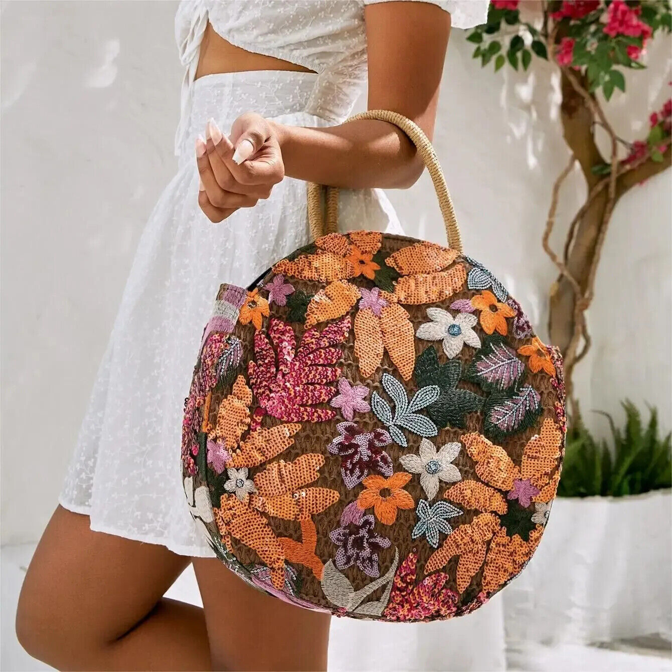 Women Floral Sequins and Straw Tote Bag Round Handbag Vacation,Travel,Party