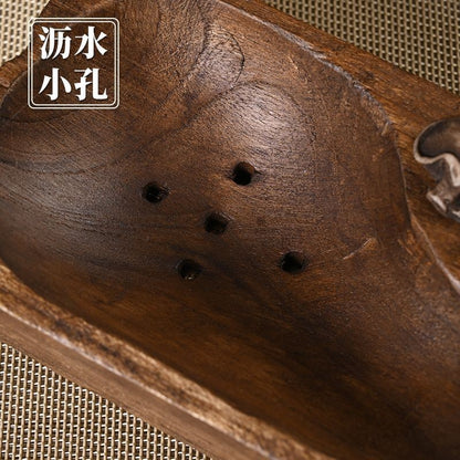 Thai Handmade Solid Wood Soap Dish 15cm Vintage Drain Soap Holder for Bathroom