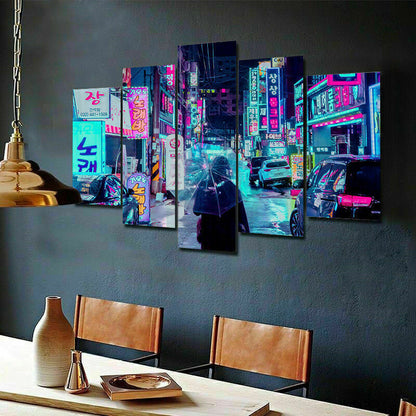 Neon Night City Japan Street 5 Piece canvas Wall Art Print Poster Home Decor